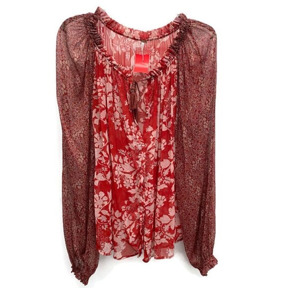 Free People Red & Ivory Floral Chiffon Blouse - Picture 1 of 2